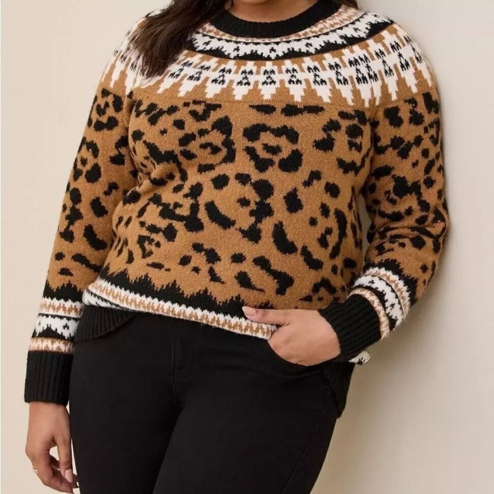 torrid Leopard Print Fair Isle Sweater in tan, black & white